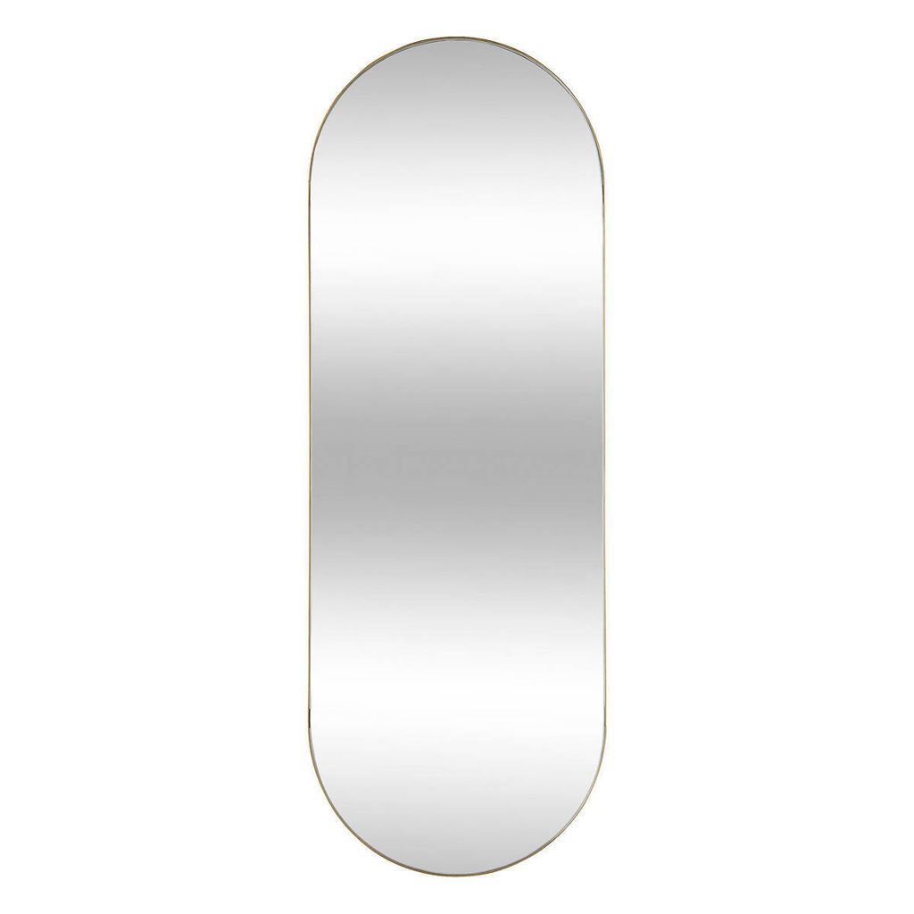 A tall, oval mirror with a gold frame against a white background.