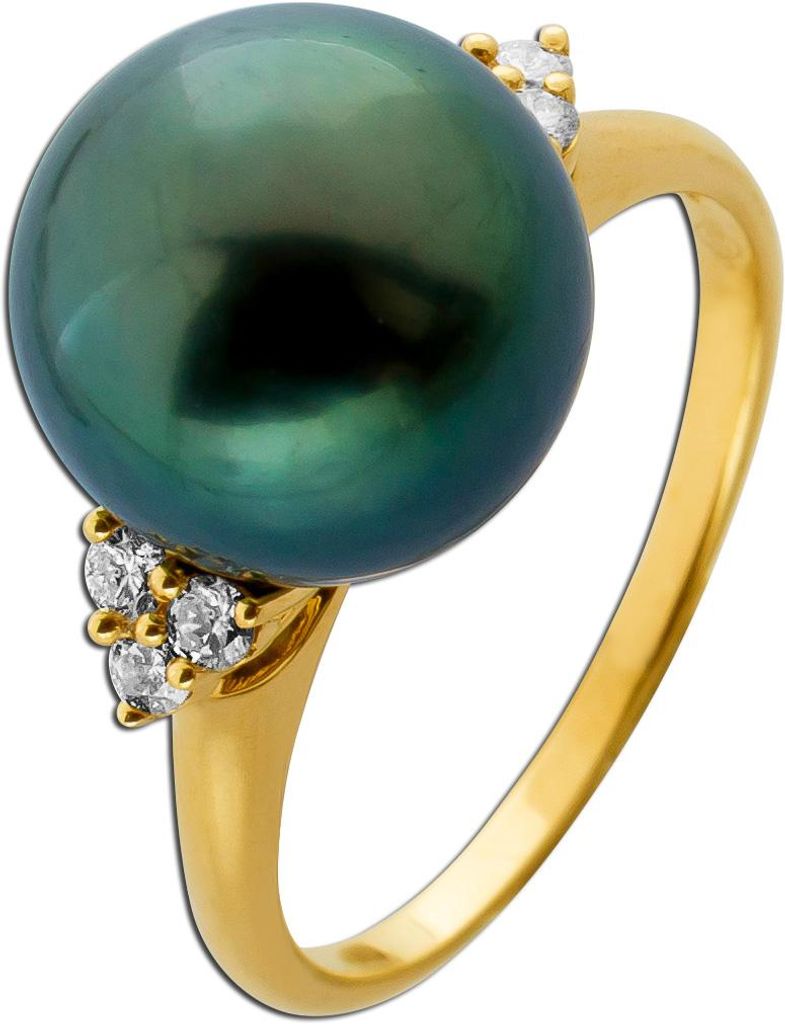 Perlenring 12mm Gold 585 14K Brillanten Tahiti Perle AAA++ Schwarz 18