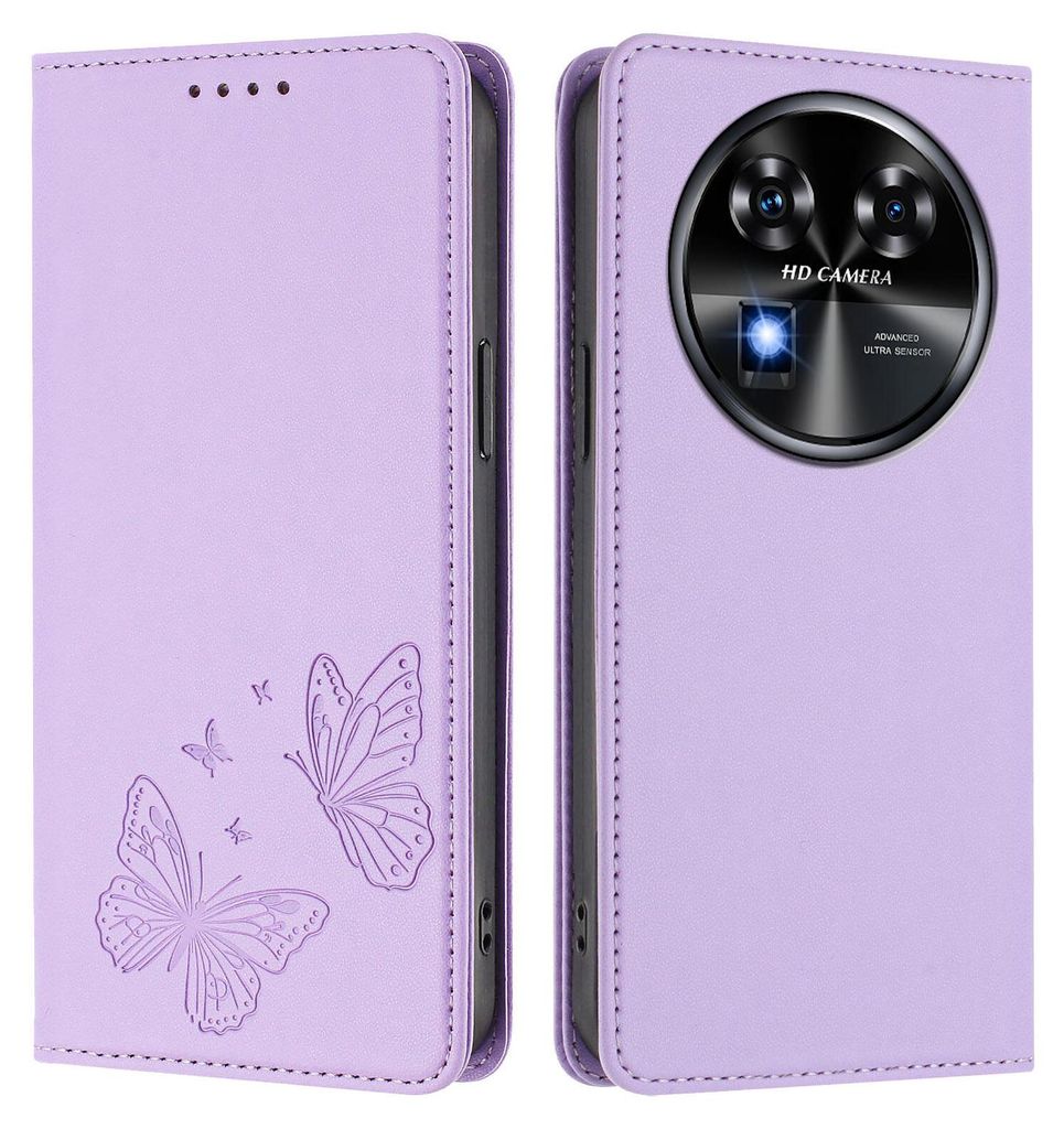 Lederhülle für Oukitel C37, Schmetterling Prägung Leder Brieftasche Schutzhülle mit Ständer Violett