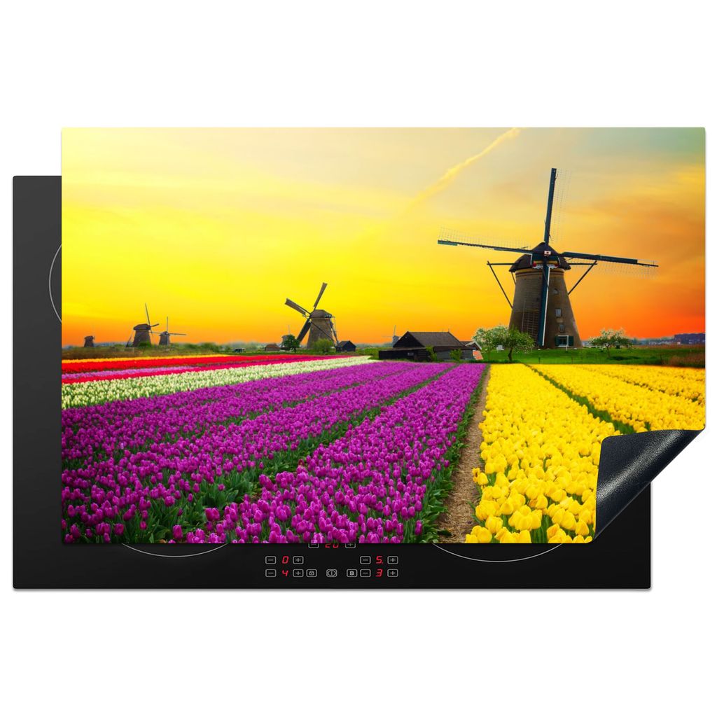 KitchenYeah Herdabdeckplatte Windmühle - Tulpen - Blumen - Frühling , 81x52cm, Küche Deko, Glaskeramikkochfeld Herdabdeckung, Abdeckplatte fù...