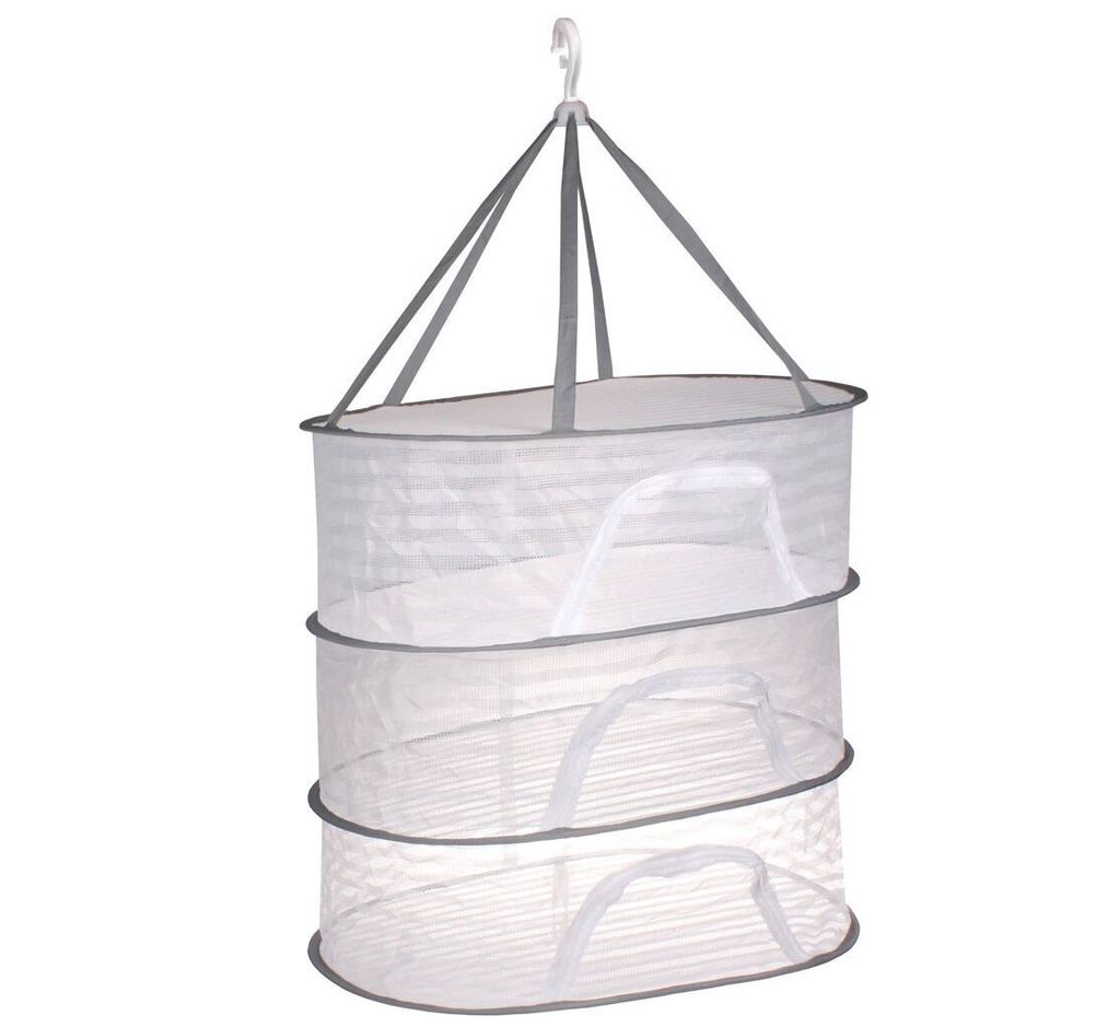 A three-tiered hanging drying rack.