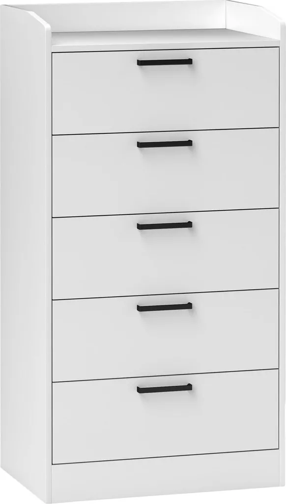 Rangement chambre efficace : Commode 5 tiroirs stable et sécurisée blanche