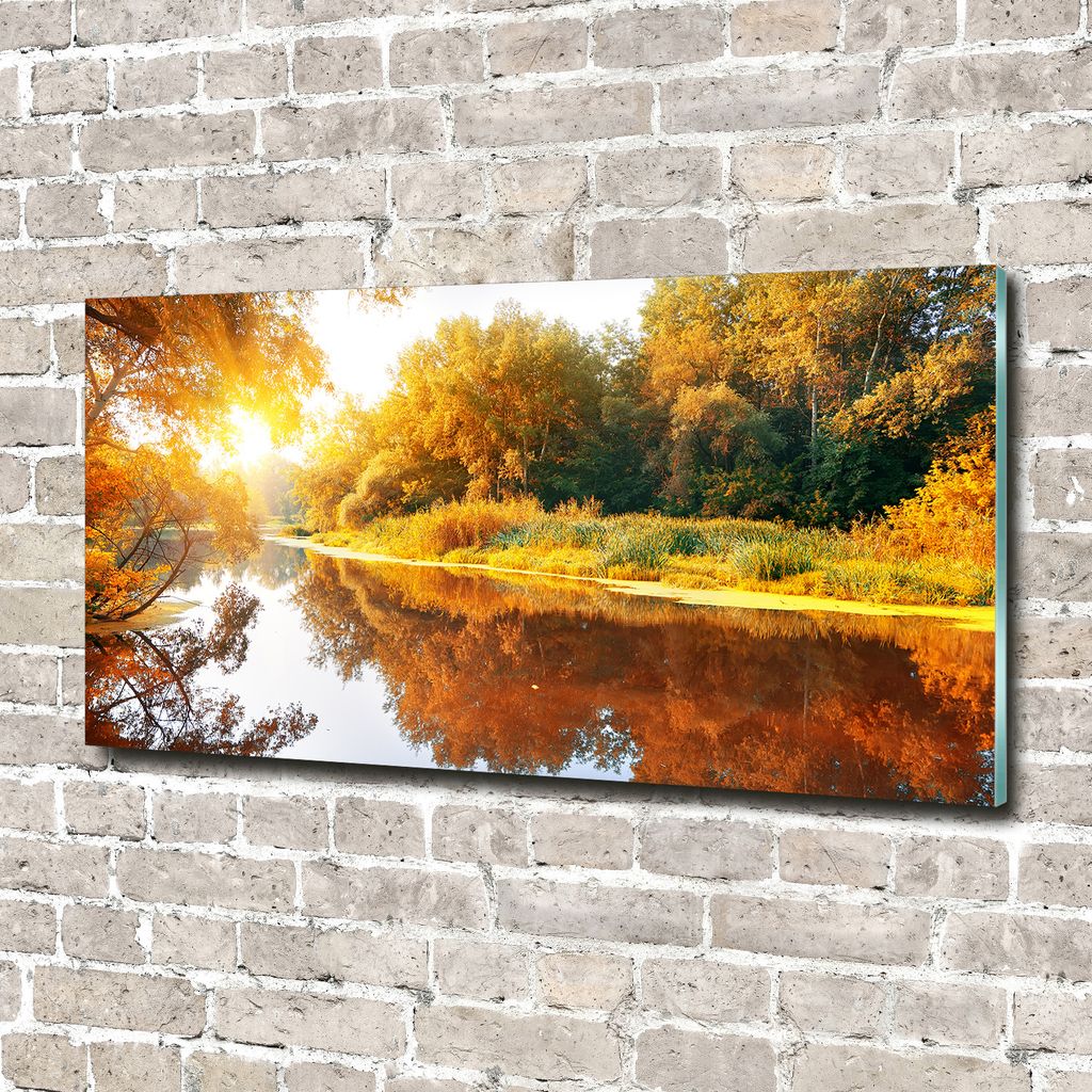 Tulup Glas-Bild -140x70- Wandkunst Dekorative Wand für Küche & Wohnzimmer - Landschaften - Fluss im Herbst - Orange