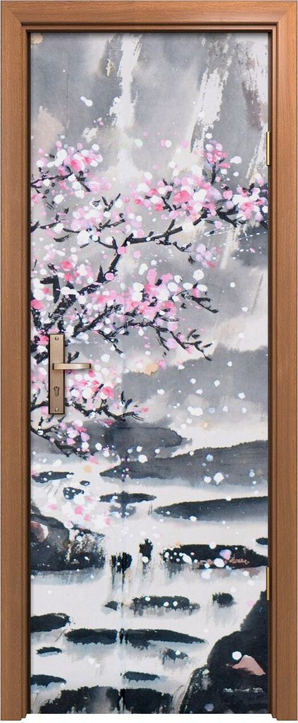 Türposter 70x200 cm Türaufkleber Türtapete Türfolie Klebefolie Chinesisch Landschaft Kirsch Berg Baum
