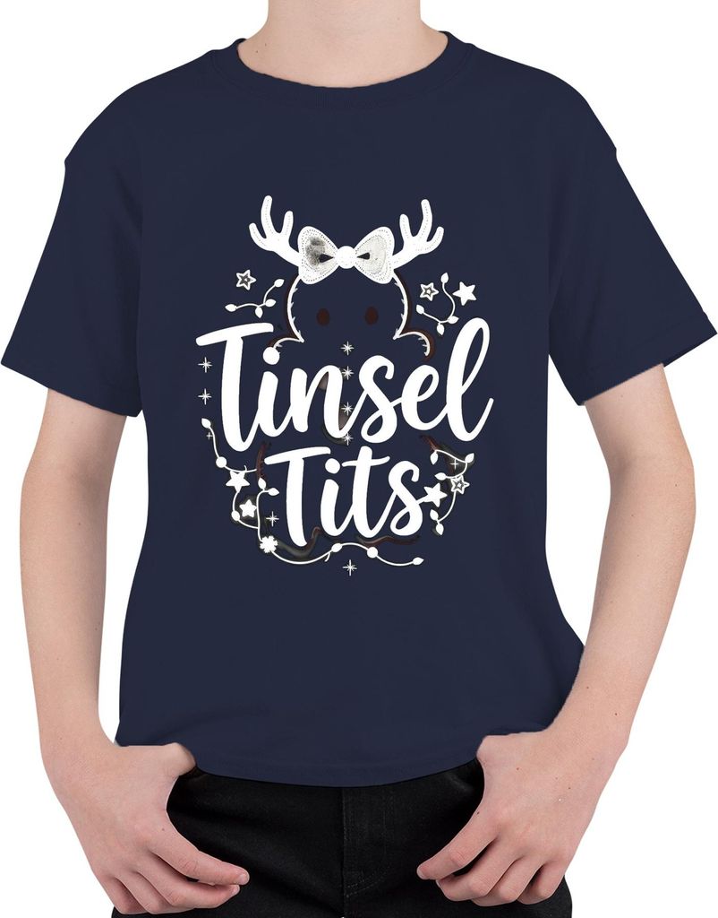 Tinsel Tits lustig Weihnachten Geschenk Rentier Geweih Glitzer Uni Kinder T-Shirt, Navy, 152