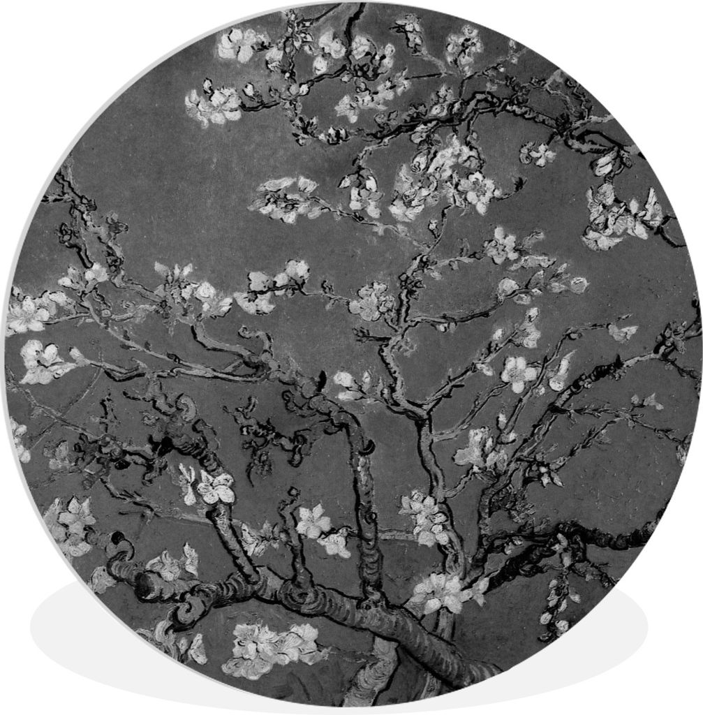 MuchoWow Rundes Wandbild - Runde Bilder Mandelblüte - Van Gogh - Schwarz und weiß Ø 90 cm Kreis Wanddekoration Kunststoff - Wandkreis - Wandsc...