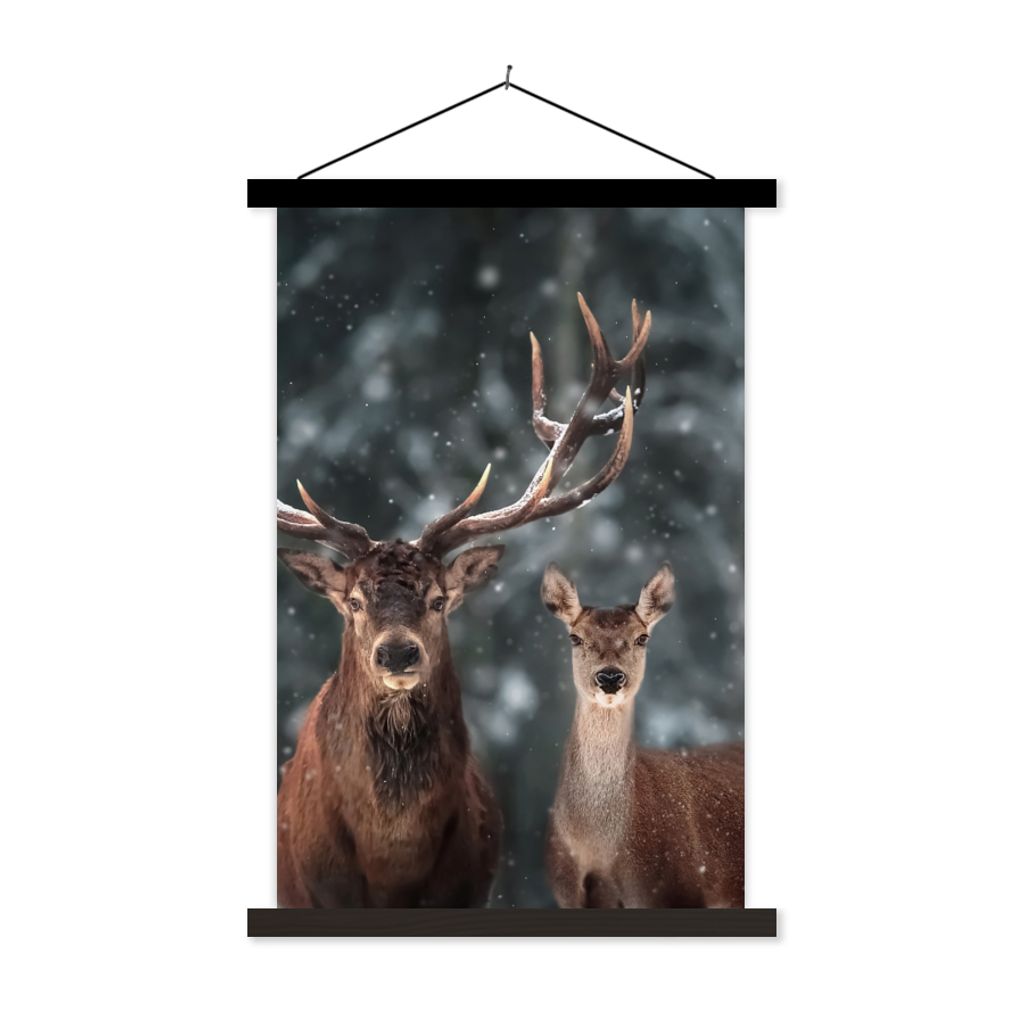 MuchoWow Textilposter Hirsche - Tiere - Winter - Geweih - Schnee - Natur 40x60 cm mit schwarzem Rahmen - Wanddekorationen