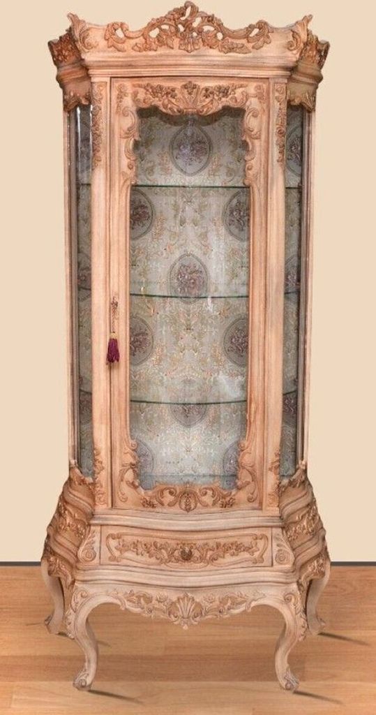 Casa Padrino Barock Vitrine Naturfarben - Prunkvoller Barock Vitrinenschrank mit Glastür und Schublade - Handgefertigte Barock Wohnzimmer Möbel