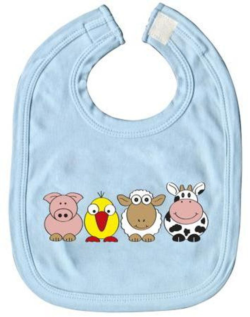 Babylätzchen mit Print - Ferkel Vogel Schaf Kuh - 07080 hellblau