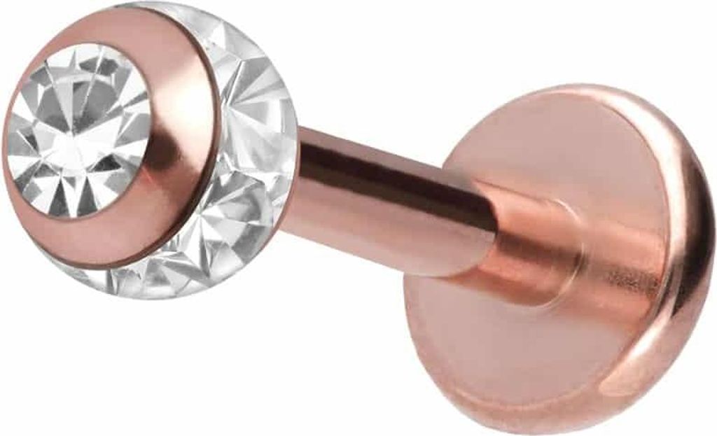 Ohrpiercing, Nasenpiercing Chirurgenstahl Labret EPOXY-RING-KUGEL + KRISTALL RoséGold Stablänge: 6mm + Stabstärke: 1,2mm + Kugelgröße: 3mm