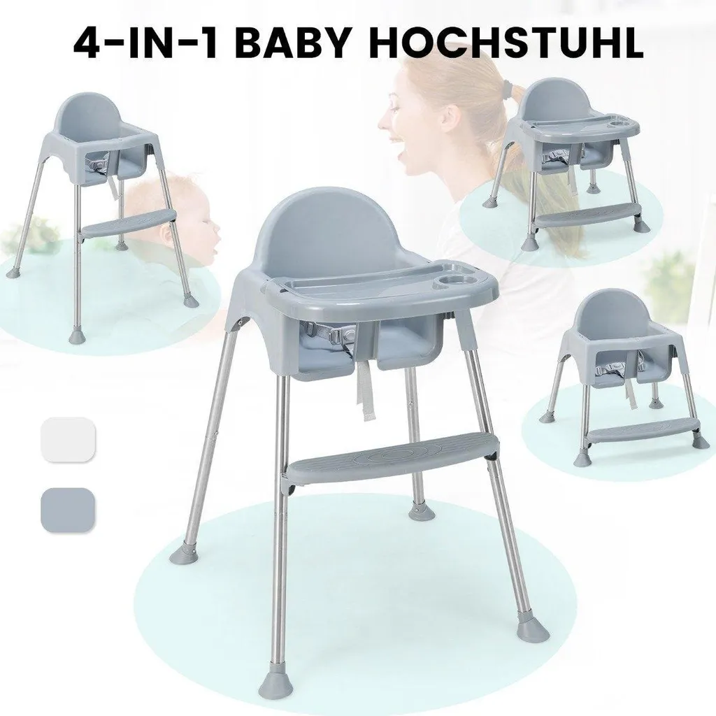Chaise haute bébé réglable 4 en 1 grise pour repas et jeux à table