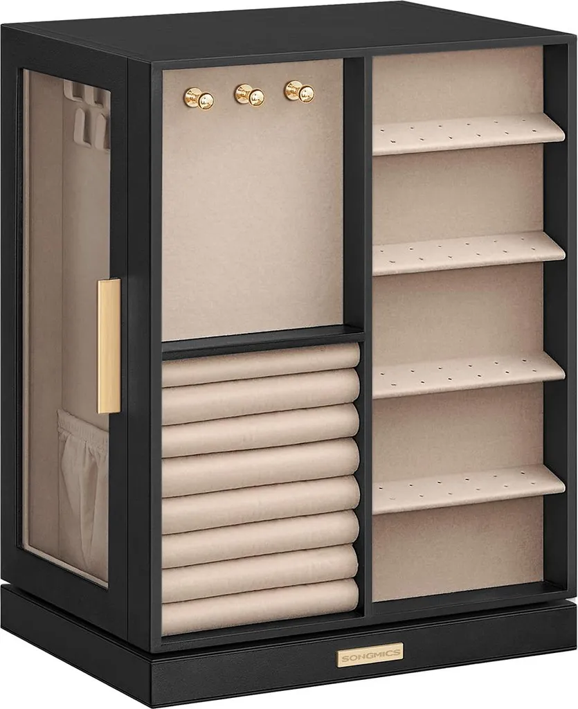 Coffret à bijoux noir graphite pivotant 360° avec miroir et 4 niveaux