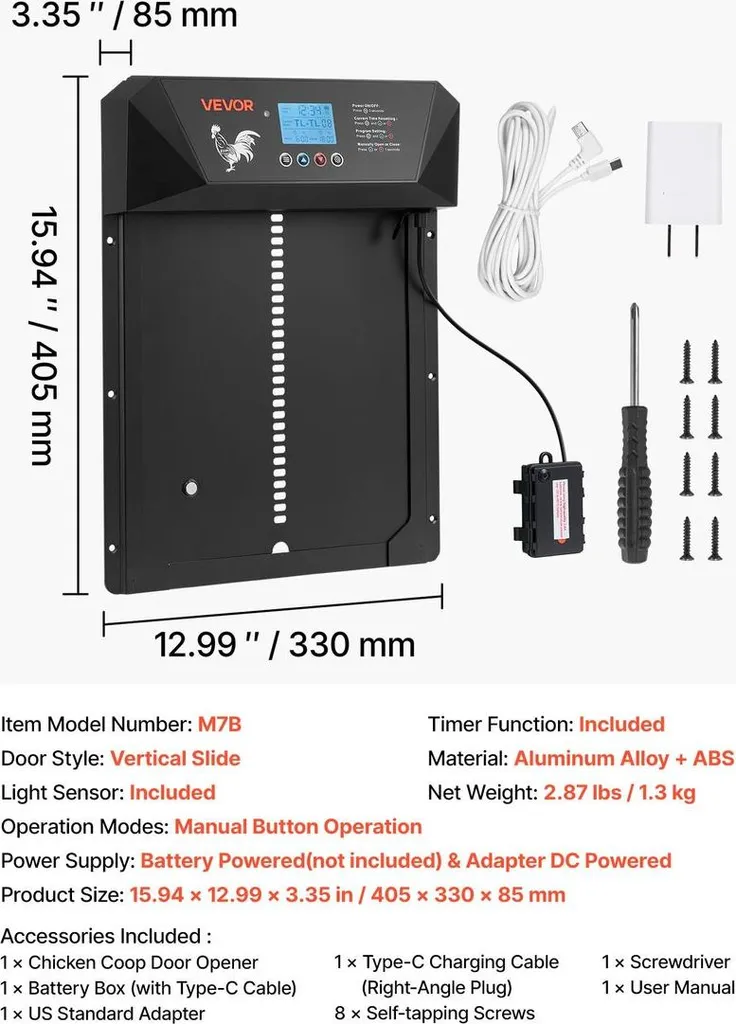 Porta Automatica Per Pollaio Con Display LCD – Timer E Modalità Manuale, Alluminio E ABS, Impermeabile, Anti-piegamento Per Galline E Anatre