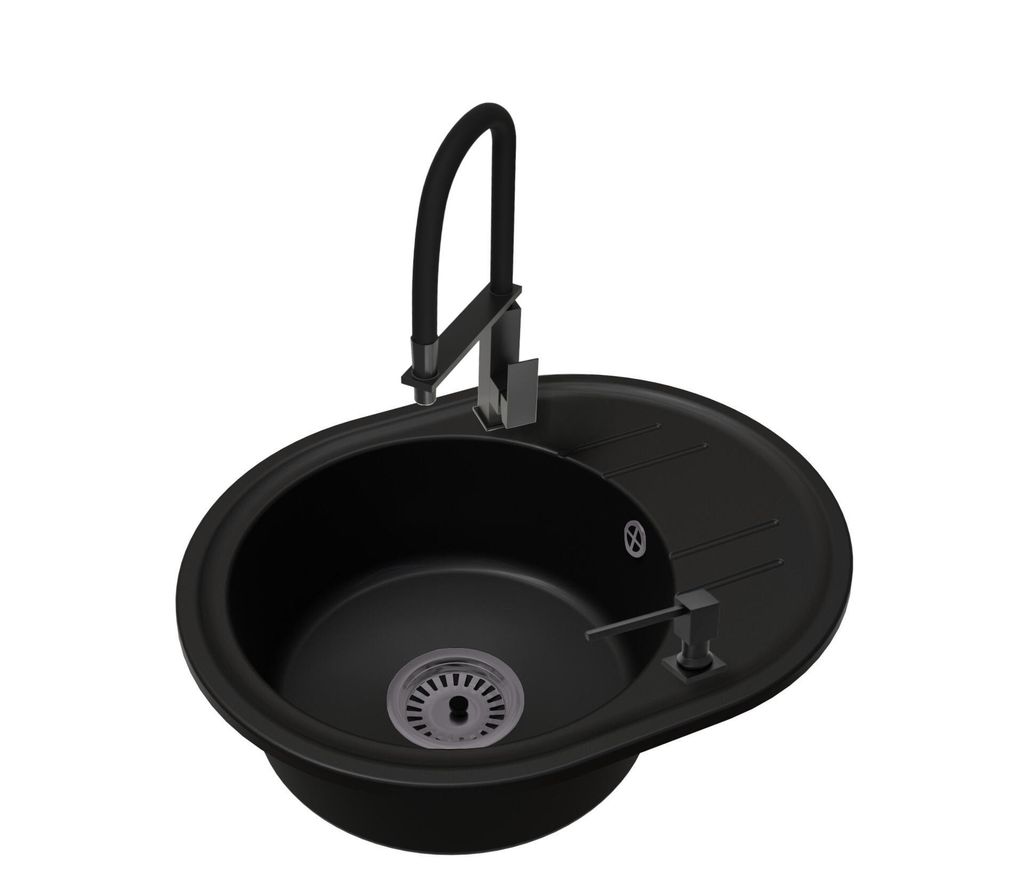 Küchenspüle Einbecken Bella mit Siphon, LUK Armatur Schwarz und Seifenspender