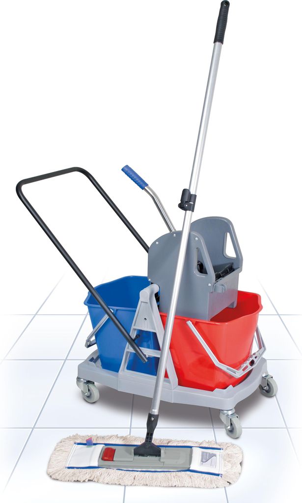 8-teiliges Set, Reinigungswagen, 2 Eimern 17 Liter, Presse, Stiel, Halter, Mopp