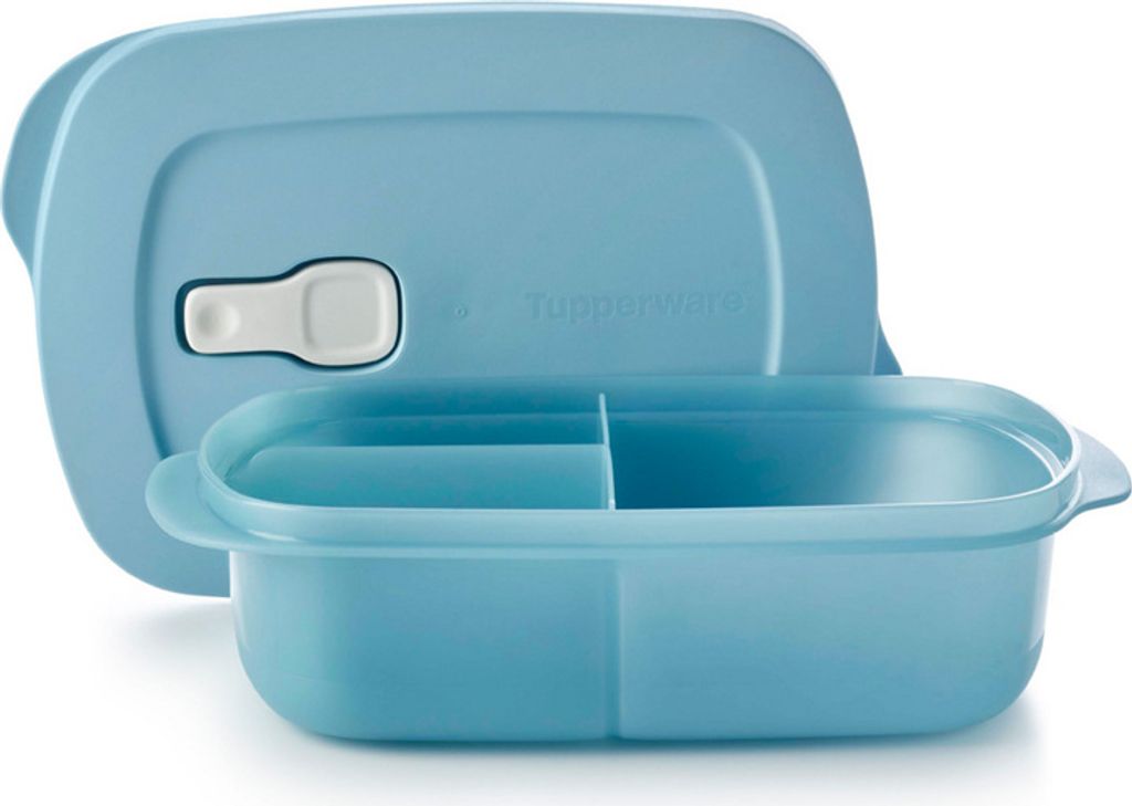 A blue Tupperware lunchbox with a lid slightly ajar, showing internal compartments.