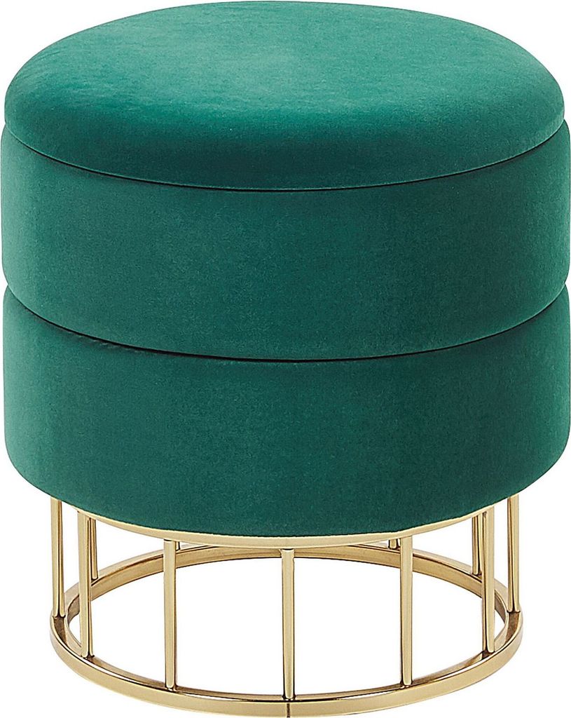 BELIANI Pouf mit Stauraum Dunkelgrün Samt Gepolstert Gesteppt Rund 37 cm Goldenes Metallgestell Moderner Sitzhocker für Wohnzimmer Schlafzimm...