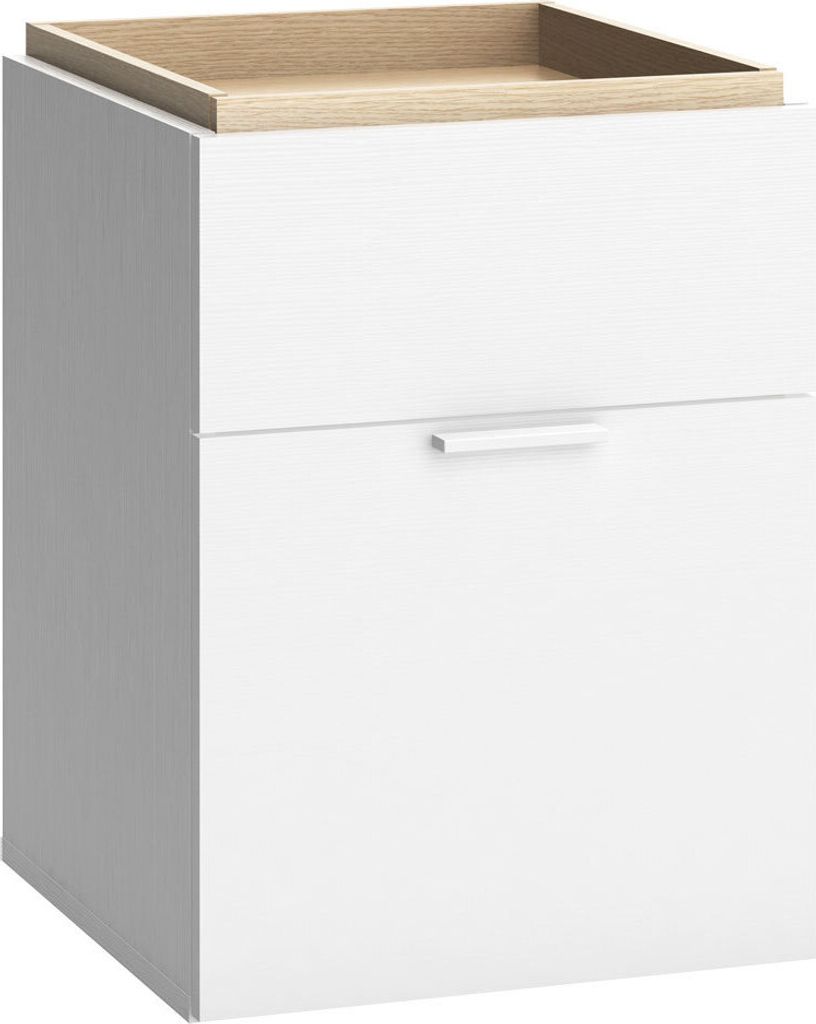 Helle Nachtkommode Minnea 32, lange Lebensdauer, Weiß / Eiche, mit zwei Schubladen, Maße: 56 x 41 x 42 cm, für Schlafzimmer, modernes Design