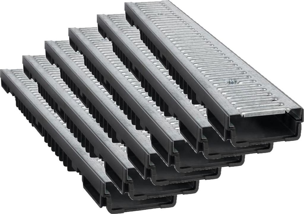 6x Marley 1m Entwässerungsrinne Kunststoff Rost Stahl verzinkt bis 1,5t belastbar L100xB13xH5,5cm Stegrost Rinne Bodenrinne Terrassenrinne