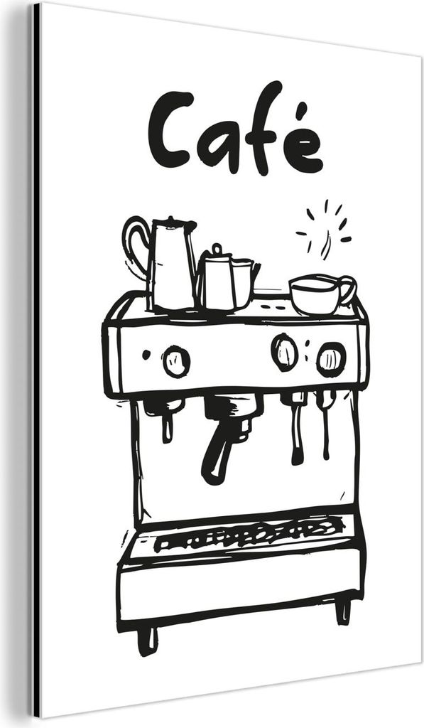 MuchoWow Wanddekoration Metall Metallbild Wandkunst 90x120 cm Illustration - Cafe - Kaffeemaschine - Tassen MuchoWow Aluminium Gemälde - Industrial