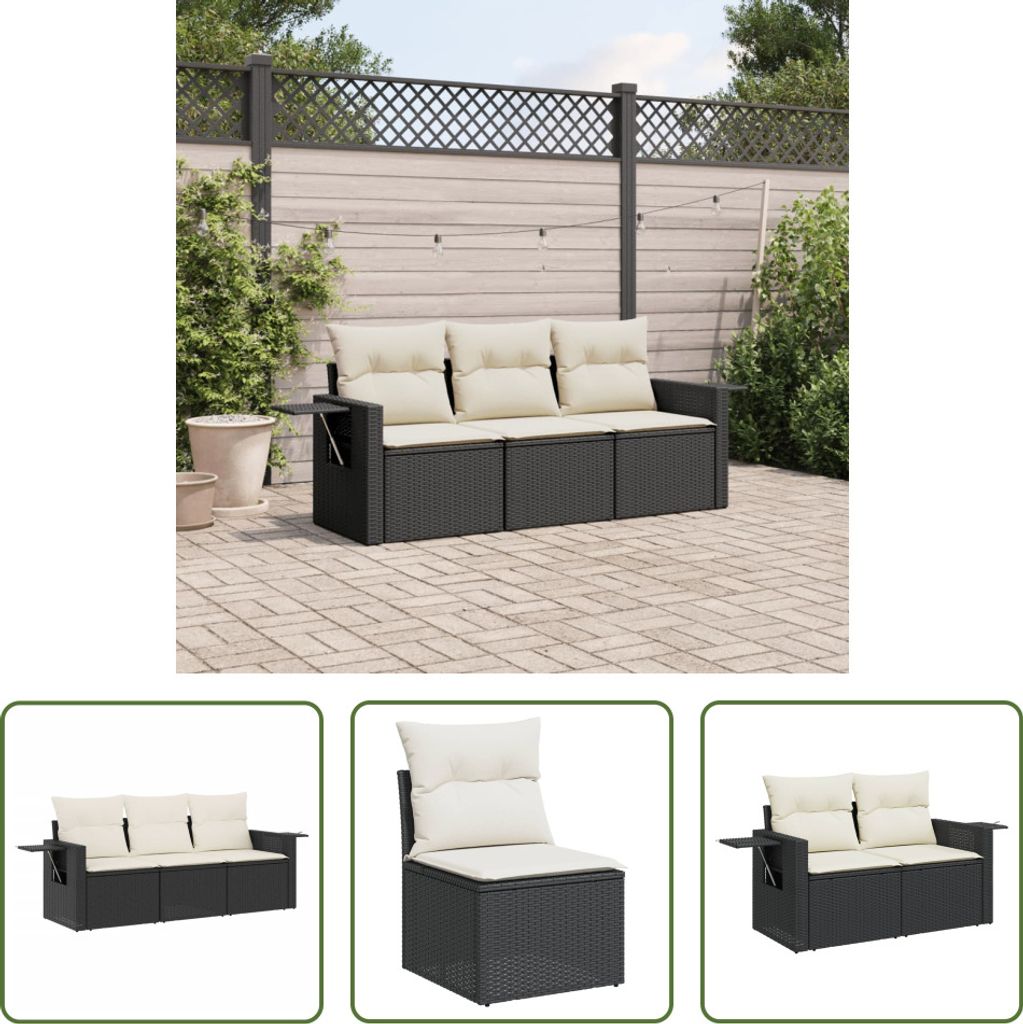 The Living Store 3-tlg. Garten-Sofagarnitur mit Kissen Schwarz Poly Rattan