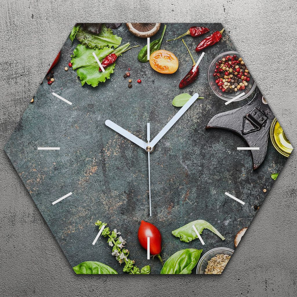 Uhr hexagonal 40 cm Glas Geräuschlos weiße Zeiger - Gewürze Gemüse