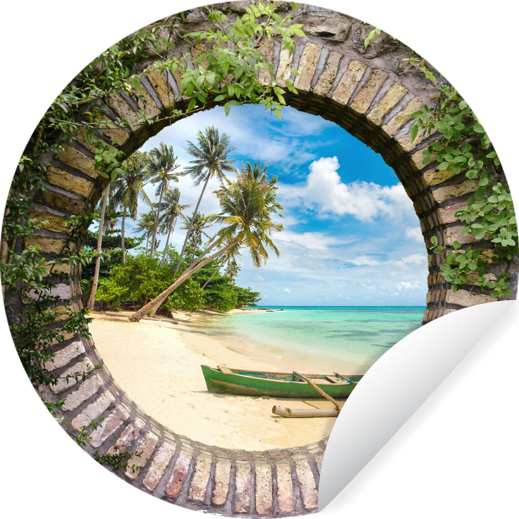 MuchoWow Runde Wandtattoo - Wandsticker Tapete Aufkleber Strand - Palme - Aussicht - Kanu Ø 30 cm Selbstklebend und Repositionierbar - Wandaufkl...