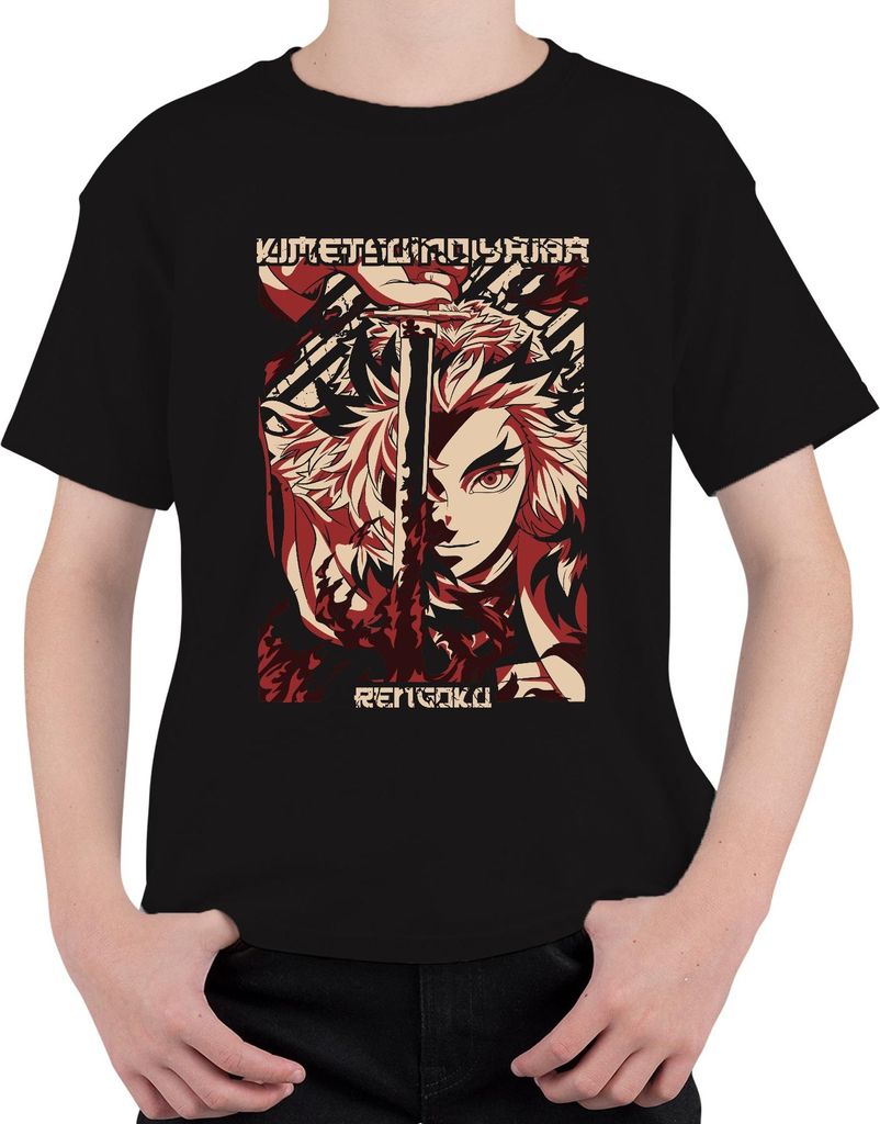 Rengoku Kimetsu no Yaiba Demon Slayer Flammen Schwert Uni Kinder T-Shirt, Schwarz, 128