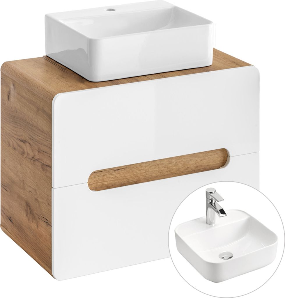 Waschtischunterschrank 60 cm mit 40 cm Keramik-Waschtisch LUTON-56 Hochglanz weiß mit Wotan Eiche Nb. B/H/T ca. 60/67/46 cm