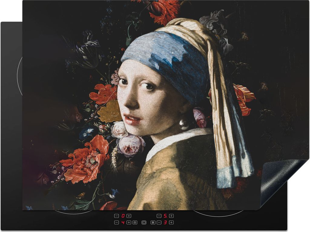 KitchenYeah Herdabdeckplatte Das Mädchen mit dem Perlenohrring - Vermeer - Blumen , 71x52cm, Küche Deko, Glaskeramikkochfeld Herdabdeckung, Abd...