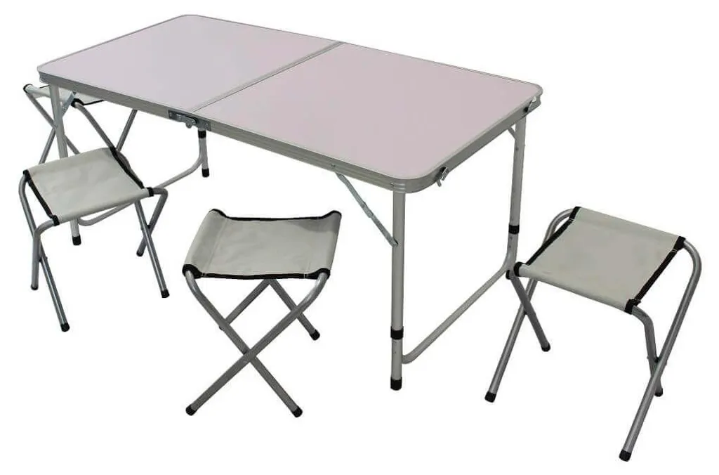 Table de camping pliable 120x60x36 cm avec 4 tabourets intégrés