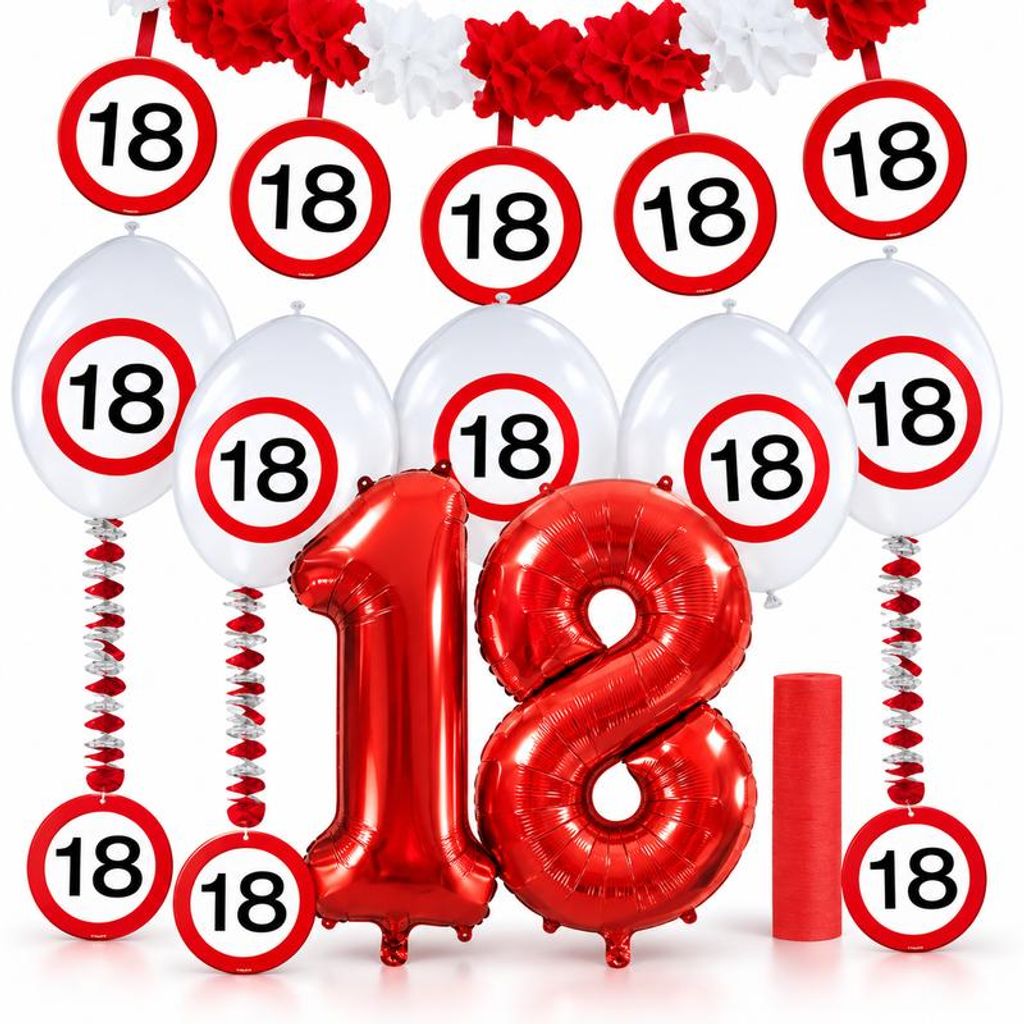 18. Geburtstag Verkehrsschild Party Deko Set rot weiß Mann Produktbild 