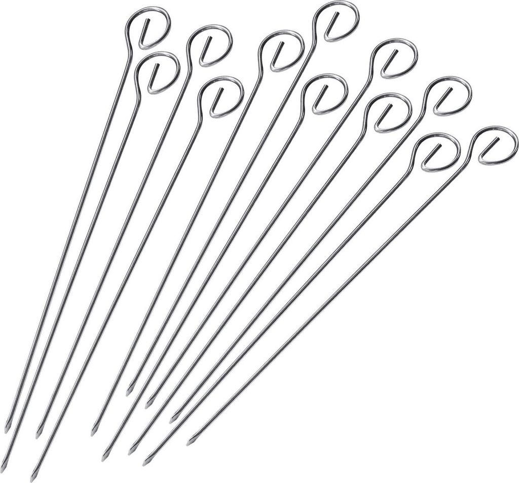 A collection of stainless steel skewers arranged diagonally on a white background.