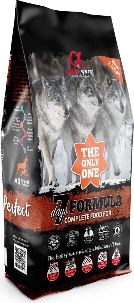 A bag of dog food with wolves depicted on the front.