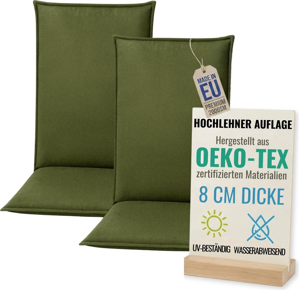 Pillows24 - 2x Hochlehner Auflagen 120x50x8 cm | Bequeme & Wetterfeste Gartenstuhlauflagen | Polster Sitzkissen für Gartenmöbel | EU | Grün