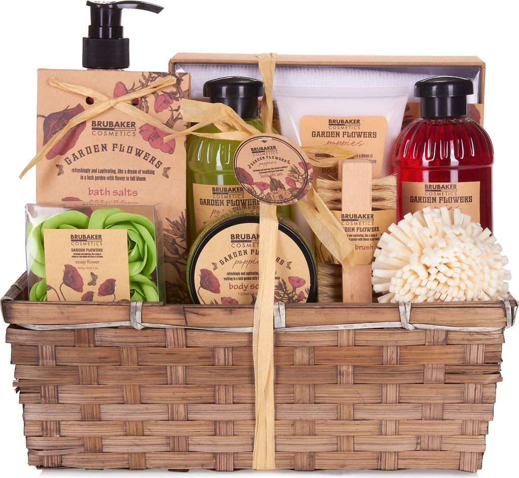 BRUBAKER Cosmetics Bade- und Dusch Set Mohnblumen Duft - 14-teiliges Geschenkset im Pflanzkorb - mit Nagelbürste