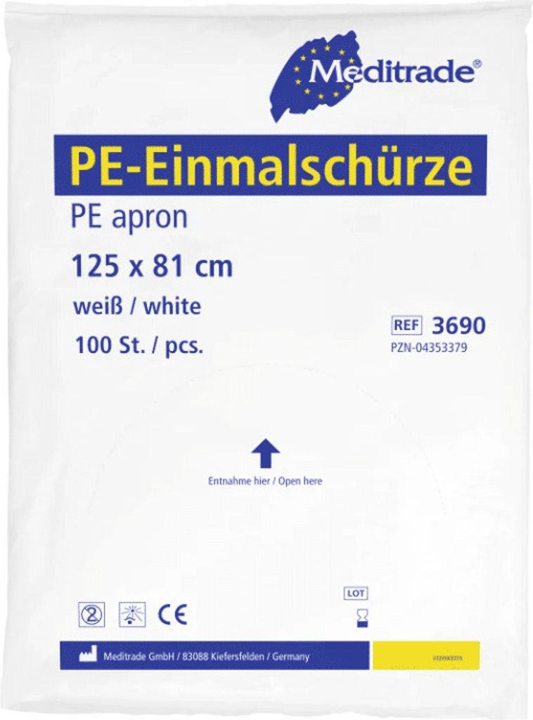 Meditrade PE-Einmalschürze, weiß, 140 x 81cm, 1 Packung = 4 x 5 Stück
