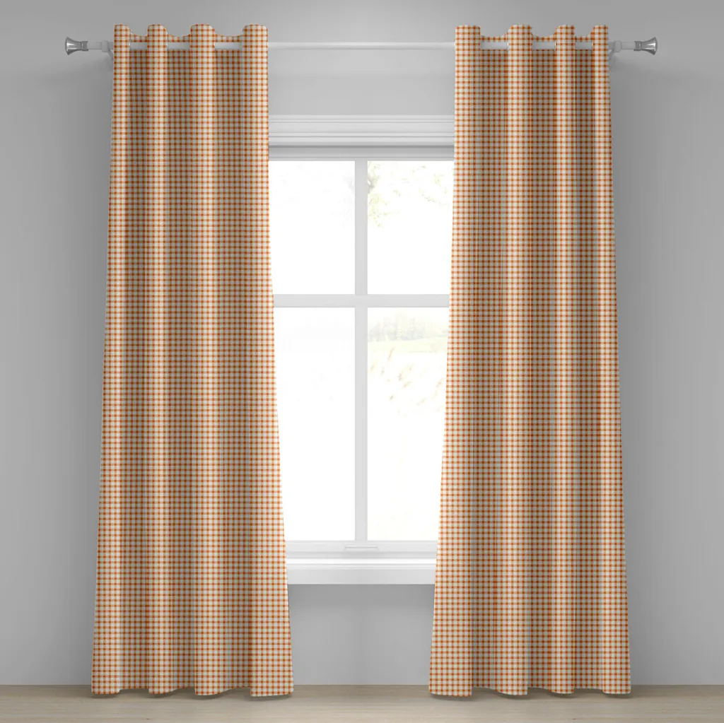 Rideau motifs carreaux orange en tissu haute qualité - Set 2 panneaux