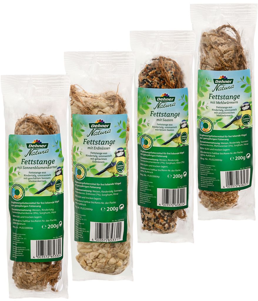 Dehner Natura Premium Wildvogelfutter, Wildvogelsnack, Fettstangen, Ganzjahresfutter nahrhaft, hochwertiges Vogelfutter für Wildvögel, 4 x 200 g ...