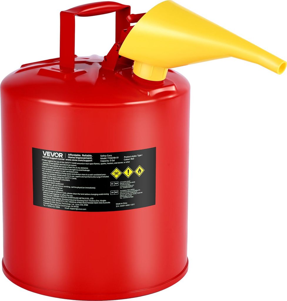 VEVOR Sicherheitskanister, 19 L Typ I, Sicherheitsbehälter für Benzin mit Flammensperre, selbstschließendem Deckel & PE-Trichter, ergonomischem ...