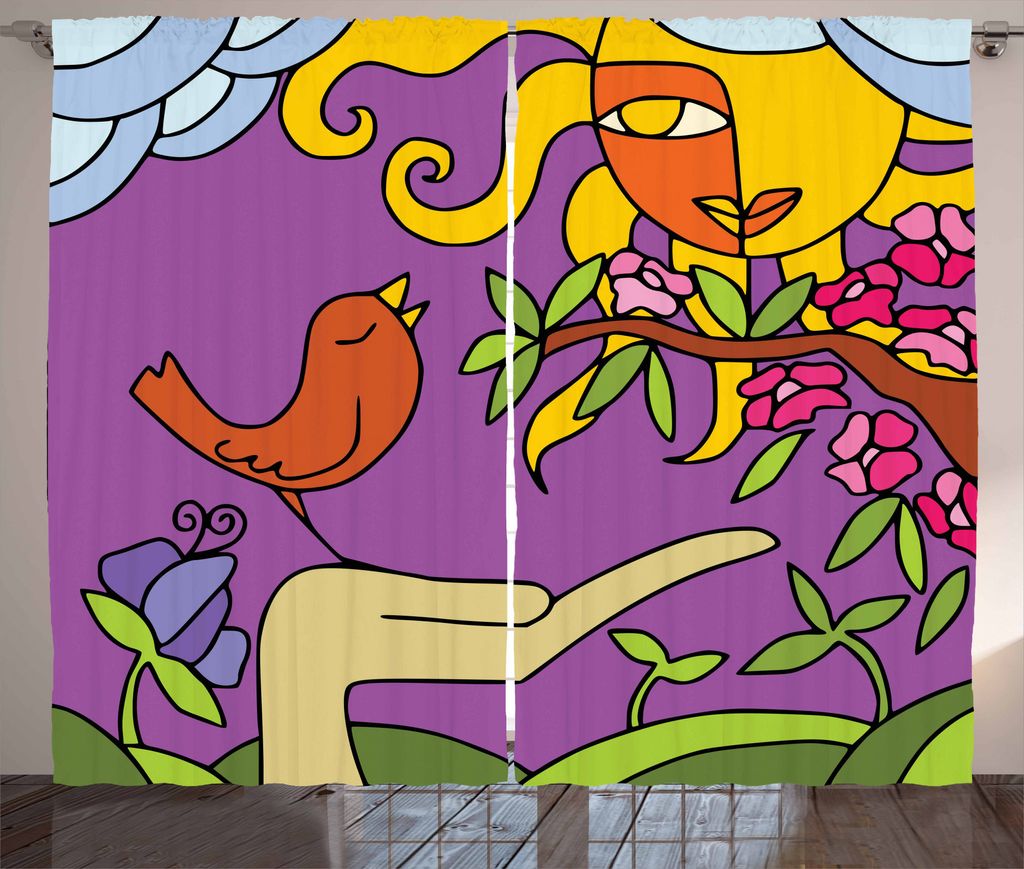 ABAKUHAUS Kinder Mädchen Rustikaler Vorhang, Tweeting kleine Vögel, Wohnzimmer Universalband Gardinen mit Schlaufen und Haken, 280 x 175 cm, Mehr...