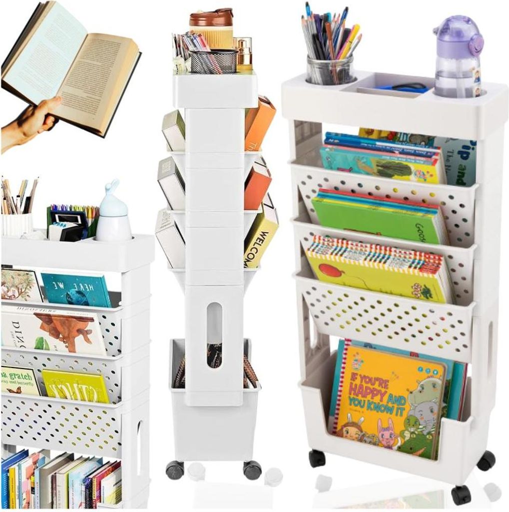 A collage of three white rolling storage carts filled with books and office supplies.