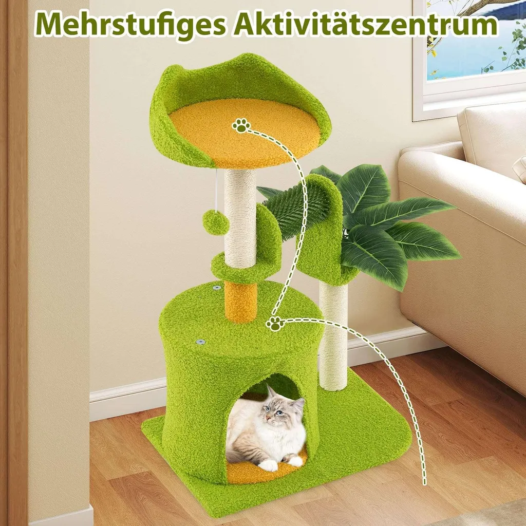 Arbre à chat mural ou d'angle avec cachette et feuillage artificiel vert - 4