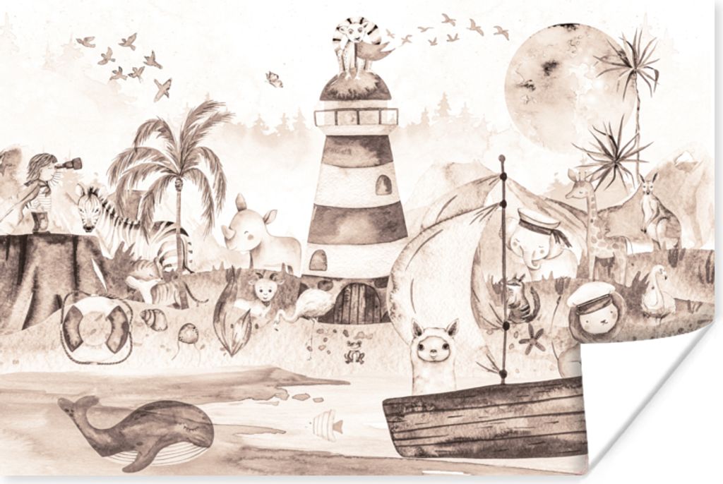 MuchoWow Poster Strand - Kinder - Leuchtturm - Alpaka - Meer - Tiere 120x80 cm - Bilder
