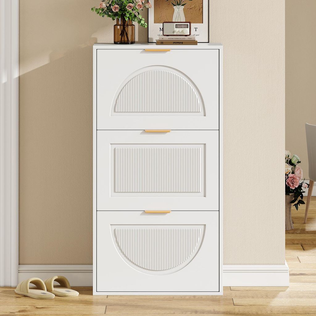 Schuhkipper schmal mit 3 Klappen, Schuhschrank, MDF, Weiß