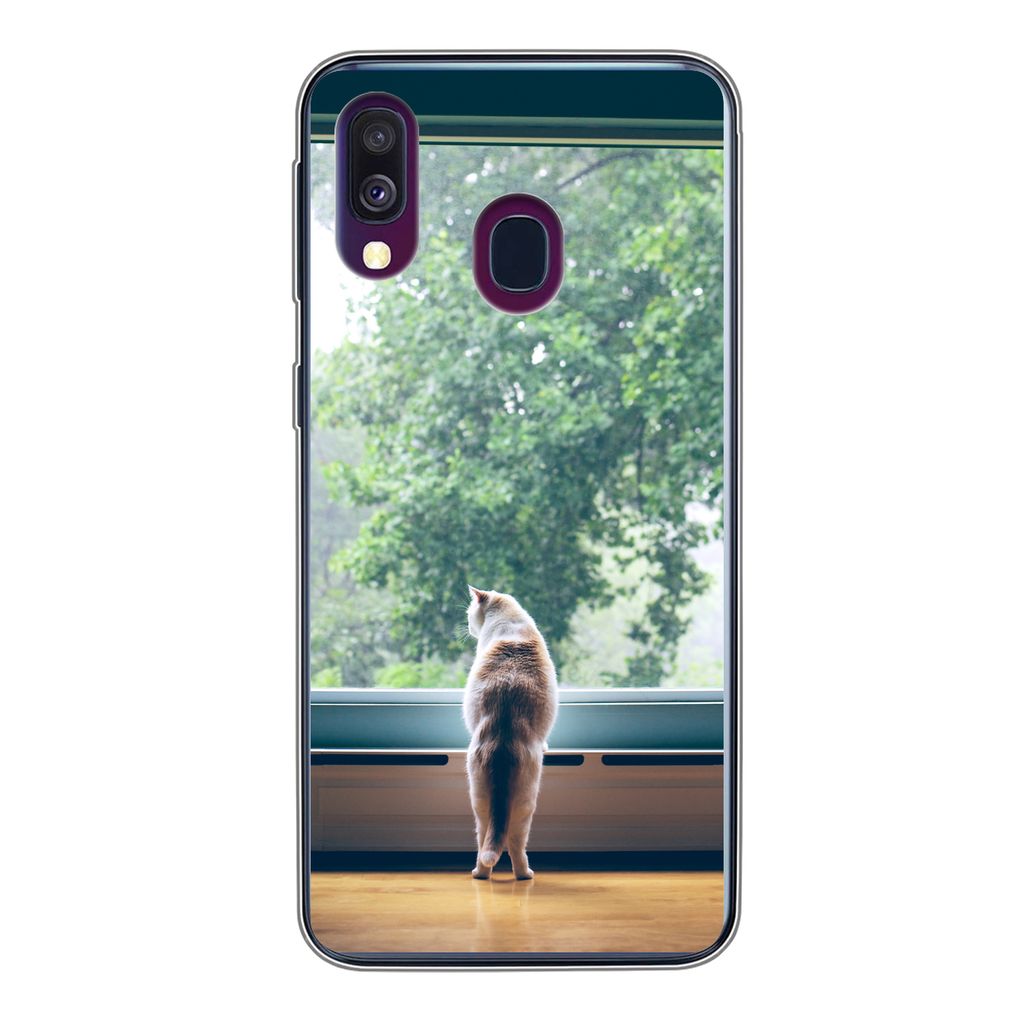 MuchoWow Handyhülle Schutzhülle Hülle für Samsung Galaxy A40 Katze - Fenster - Pflanzen Silikon Softcase Handy Hülle - Handy-Tasche