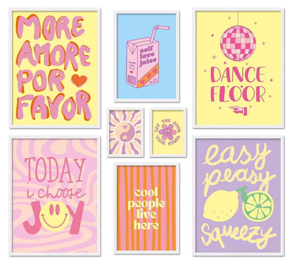 ARTFAVES Poster Set - Fancy Dopamine Art I mehrteilige Bilderwand für Wohnzimmer, Schlafzimmer I Wandbilder Abstrakte-Kunst I mit Rahmen Weiss