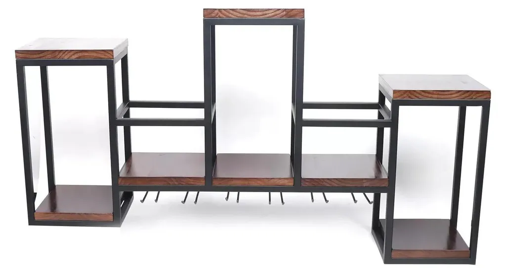 Organiseur mural bouteilles et verres gain de place, bois fer brun olive