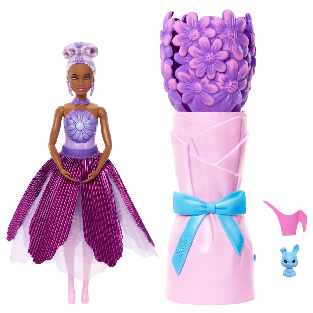 Barbie Duftende Petal Pop Modepuppe mit lila Kleid, Überraschungs-Zubehörteilen wie ein Häschen und mehr, Modepuppe, Weiblich, 3 Jahr(e), Mädch...