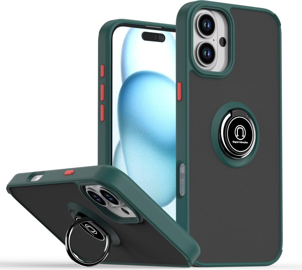 Hülle für iPhone 16 Plus Matte Transluzent TPU Stoßfest Schutzhülle mit Ring Halter Ständer dunkelgrün